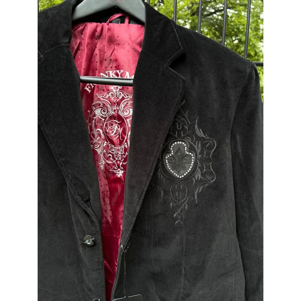 VTG FRANKY MAX Black Embroidered Rhinestone Crest Velour Y2k Bling Blazer L NWT